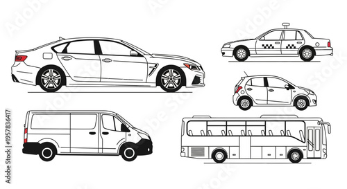 Set of various car illustrations isolated on white background
