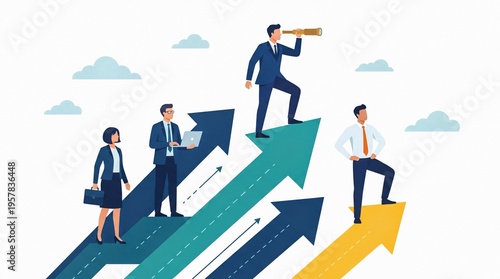 Leader with a team moving forward on arrows representing business growth progress and future vision