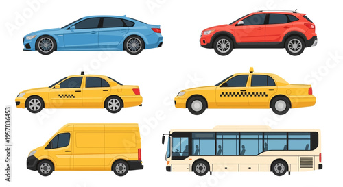 Set of various vehicles illustrated on white background transportation concept