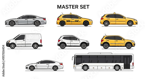 Set of various vehicle illustrations in flat design style