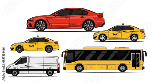 Set of various vehicles in side view for transportation design