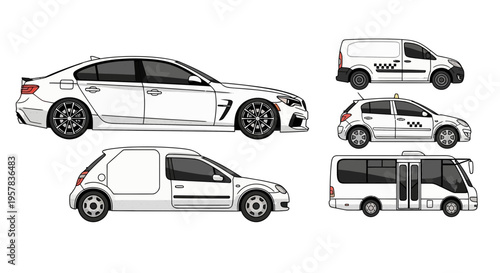 Set of white car illustrations sedan van hatchback bus and taxi