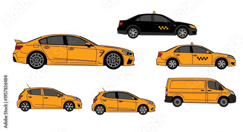 Set of yellow and black vehicles car taxi hatchback and van isolated