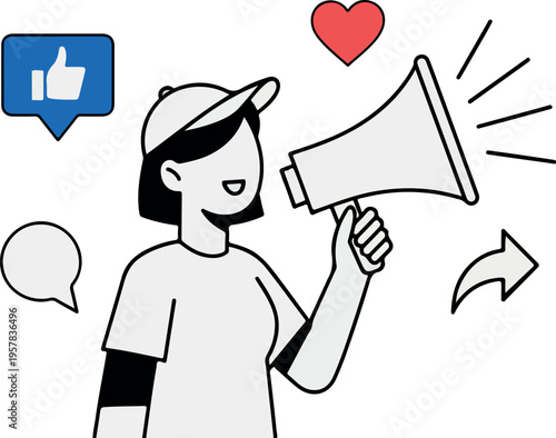 Social Media Marketing Announcer with Megaphone and Engagement Icons