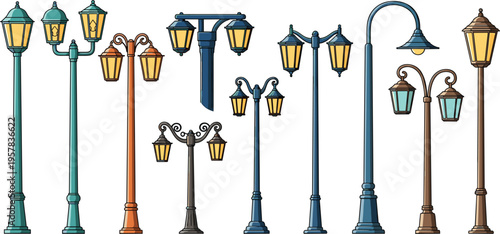 Variety of Vintage Street Lamp Designs in Different Styles, Colors, and Lantern Shapes for Urban, Outdoor, and Cityscape Illustrations