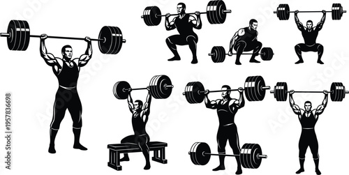 Weightlifting Exercise Vector Set Featuring Bodybuilder Lifting Barbell, Squats, Bench Press, and Strongman Training Poses for Fitness and Strength Training Illustrations
