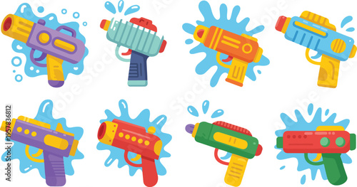 Kids Water Gun Vector Set with Plastic Toy Blasters, Summer Outdoor Games, Liquid Splashes, Pump Handguns for Songkran Party