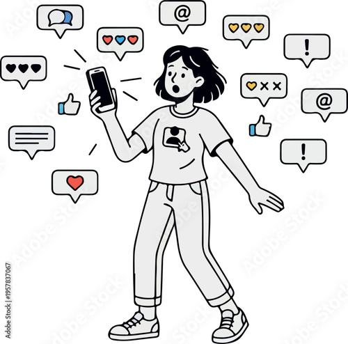 Young Woman Overwhelmed by Social Media Notifications on Smartphone