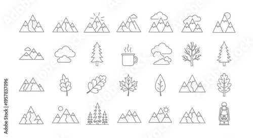 Minimalist landscape and nature icons mountains trees and decorative elements