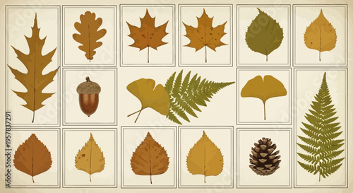 Variety of autumn leaves and natural elements displayed in an educational arrangement