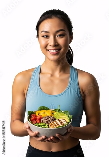 Smiling asian woman holding a bowl of healthy salad isolated on white background
