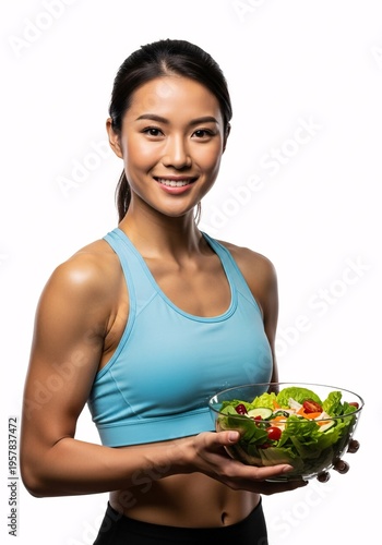 Smiling sporty woman holding a bowl of salad over white background