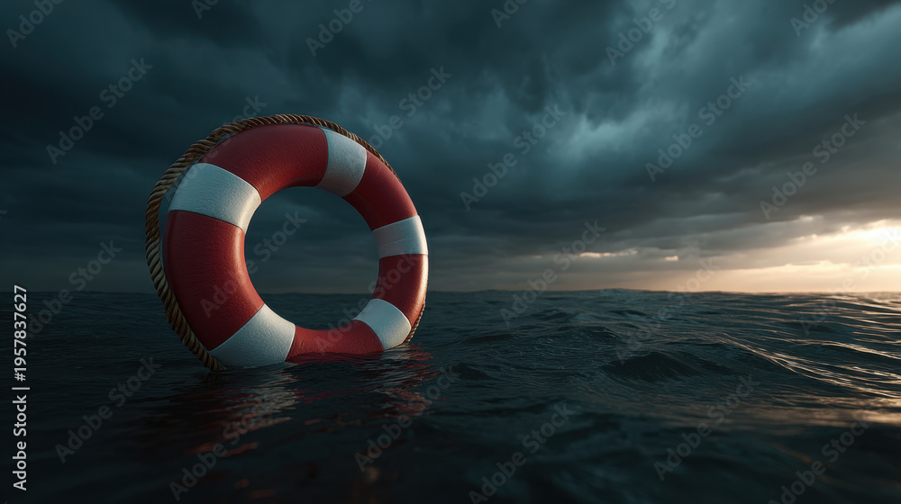 Naklejka premium Lifebuoy floating on dark stormy sea under dramatic cloudy sky with distant light on horizon, conveying tension and hope in maritime rescue scene