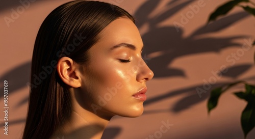 sunny beautiful young woman with closed eyes looking away on beige background