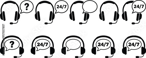 A collection of black and white customer service icons featuring headsets with speech bubbles