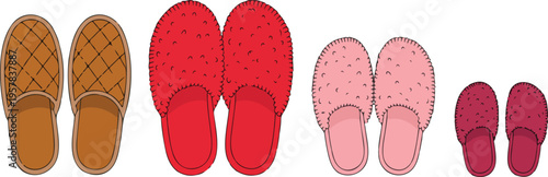 Homemade Family Slippers Vector Set with Dad, Mom, Son, and Daughter Footwear, Fluffy Flip Flops, Fur and Felt Cozy Shoes