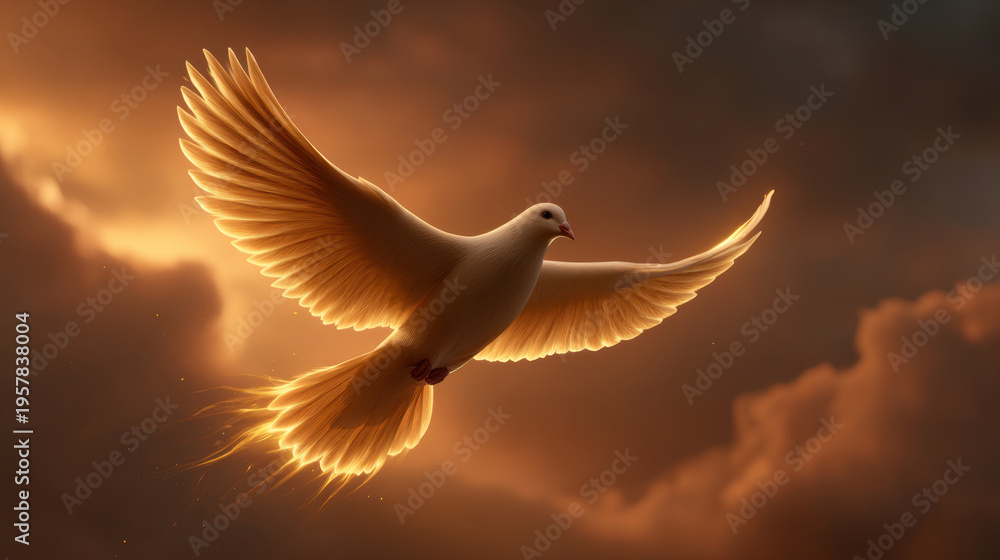 Obraz premium Golden dove glowing in warm light with outstretched wings soaring through dramatic sunset clouds in serene sky, evoking peace and majestic motion