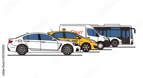 Transportation fleet vector illustration sedan taxi van and bus side view