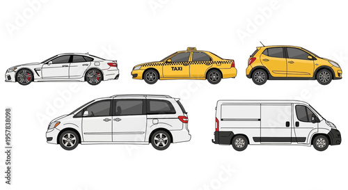 Variety of automobile silhouettes isolated on white background for design