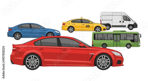 Variety of colorful cars and vehicles in vector illustration format