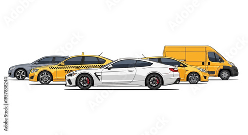 Variety of colorful cars in profile view isolated on white background