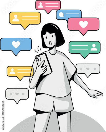 Young Woman Overwhelmed by Social Media Notifications and Online Communication