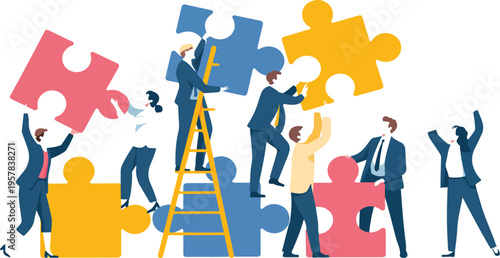 People Assembling Puzzle Vector Set with Tiny Characters, Teamwork Concept, Employees Joining Jigsaw, Business Problem Solving, Collaboration Illustration