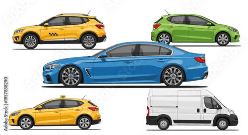 Variety of colorful vehicles cars suv van and taxi in side view