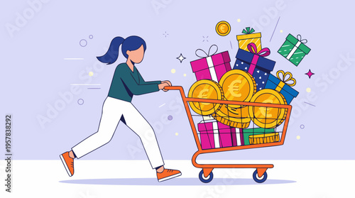 A woman pushing a shopping cart filled with colorful gifts and gold coins in a vector illustration