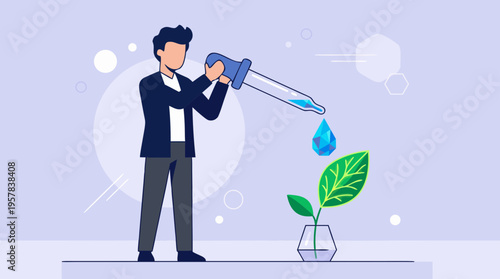 A businessperson watering a green plant with a dropper in a minimalist vector design