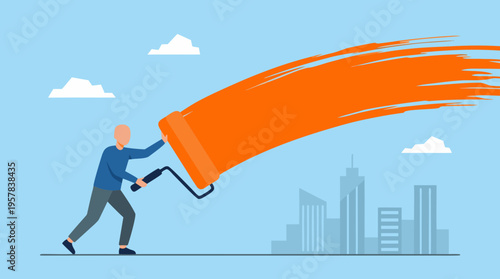 A man in business attire painting a bright orange streak across the sky with a roller