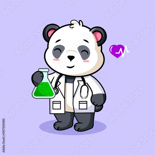 Cute Cartoon Panda Doctor Holding Flask Vector Illustration Kawaii Design