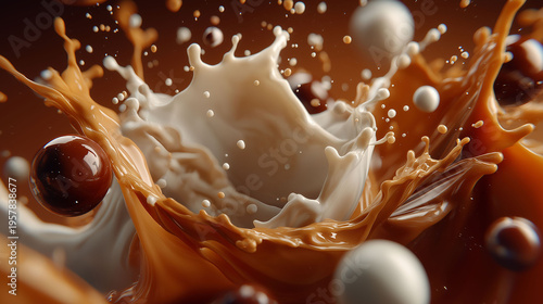 The rich milk swirls in the caramel, capturing a dynamic movement. Bubbles and droplets burst in warm, sparkling bursts.