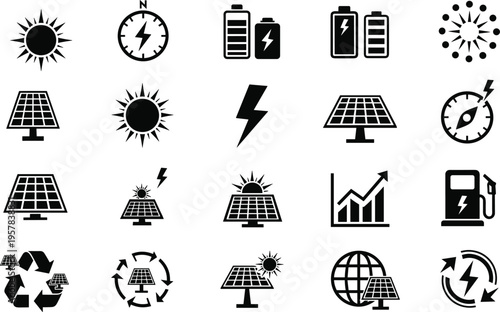 Large set of renewable solar energy icons featuring photovoltaic panels sun symbols battery storage electrical charging stations and ecology growth charts for sustainable power systems.