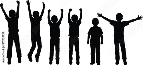 Large set of happy children silhouettes jumping and cheering with arms raised in joy isolated on white background for school youth and community design.