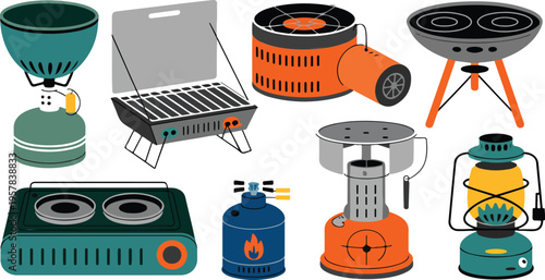 Camping Gas Stoves Vector Set with Portable Burners, Propane Tanks, Hiking Cookers, Expedition Kitchen Equipment, Camp Furnaces, Touristic Ovens