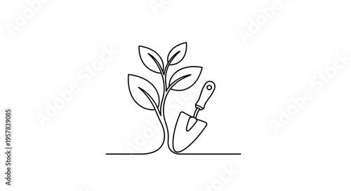 Sprout and Garden Trowel - Minimalist Continuous Line Art