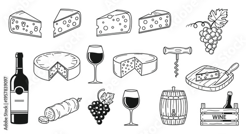 Cheese Wine Line Icons Set, Gourmet Food Outline Vector Collection with Grapes Bottle Glass
