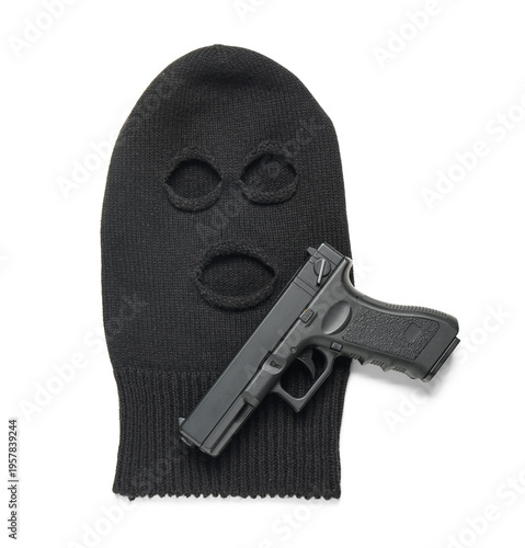Balaclava with gun on white...
