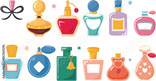 Cartoon Perfume Bottles Vector Set with Fragrant Glass Flasks, Toilet Water, Aroma Sprays, Beauty Products, and Cosmetic Containers