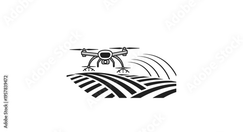 Drone Flying Over Farm Fields with Signal Waves