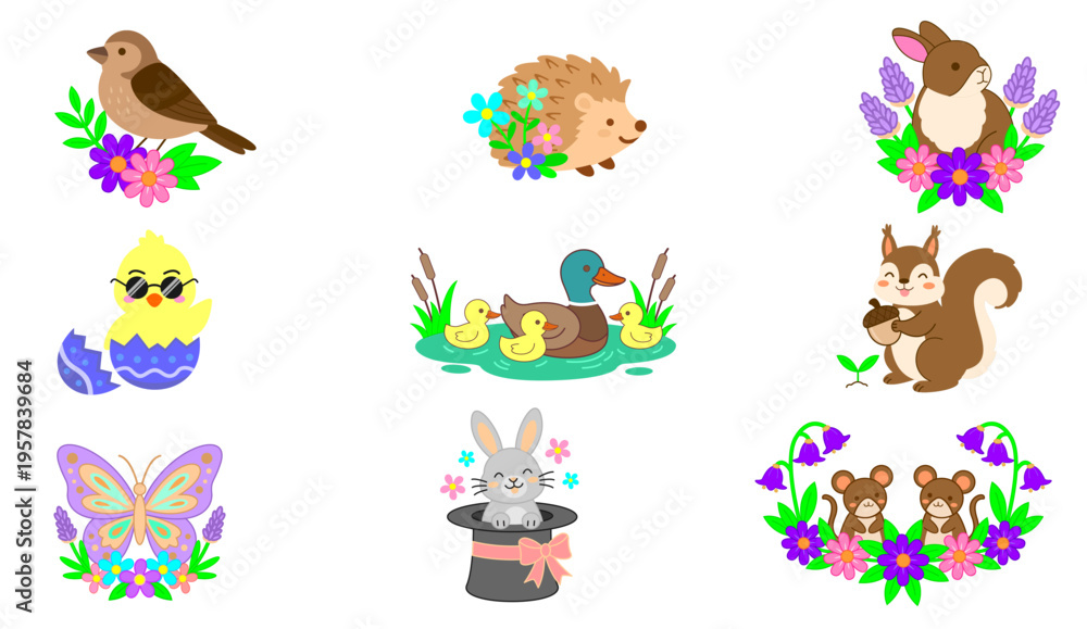 Fototapeta premium Cute Easter Animals Clipart Set with Bunny Chick Duck and Spring Flowers Vector Illustration 