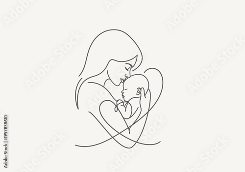 Minimalist Continuous Line Drawing of a Mother Holding and Kissing her Newborn Baby, Heart Shape Design, Motherhood and Parental Love Concept