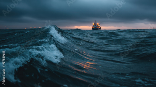 Wallpaper Mural Stormy ocean wave with distant ship lights reflecting on water at dusk, dramatic seascape with dark clouds and restless sea Torontodigital.ca