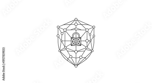 Cybersecurity Shield with Abstract Padlock and Network Grid Icon