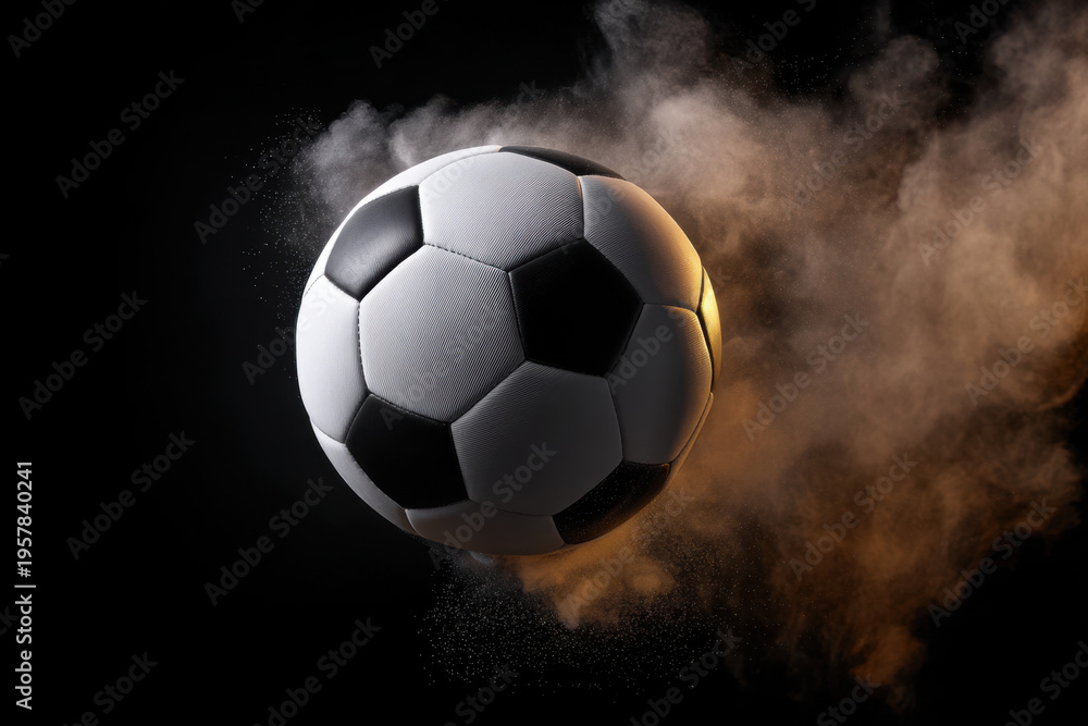 Naklejka premium Soccer ball football black and white leather textured smoke dramatic lighting motion sport isolated studio airborne close up spherical pentagon hexagon monochrome play game athletic momentum
