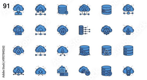 Cloud computing and data storage icons in blue color scheme