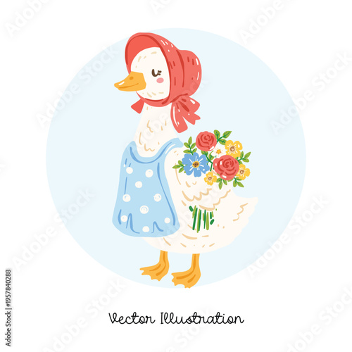 Goose With Scarf And Flowers Cute Cottagecore Illustration