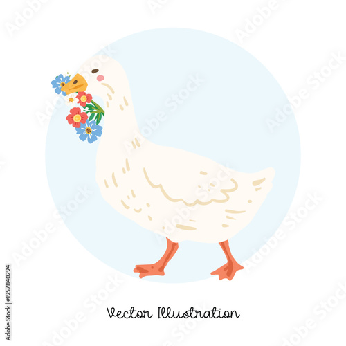 Goose Holding Flowers Cute Farm Illustration