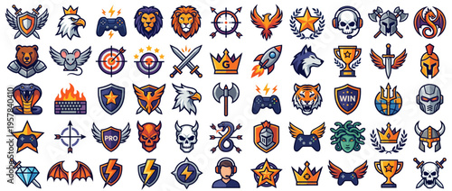 Collection of various gaming and esports icons and symbols.